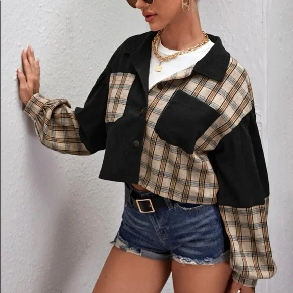 Corduroy plaid puff sleeve oversized cropped jacket Shacket - Picture 2 of 5